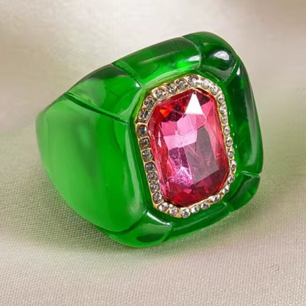 Geometric Green Resin Ring Pink Crystal Rhinestone Accent Size 7 NEW